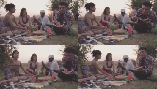 朋友们在野餐上放松，享受西瓜高清在线视频素材下载
