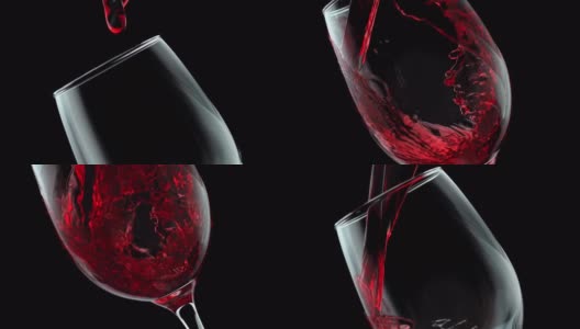 用慢动作将红酒倒入黑色背景的玻璃杯中高清在线视频素材下载