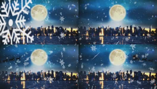 数字动画雪花落在城市景观和圣诞老人在雪橇上的黑色剪影高清在线视频素材下载