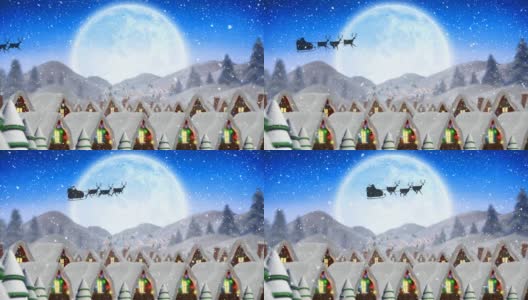 圣诞老人在驯鹿拉雪橇的剪影动画与满月和雪fa高清在线视频素材下载