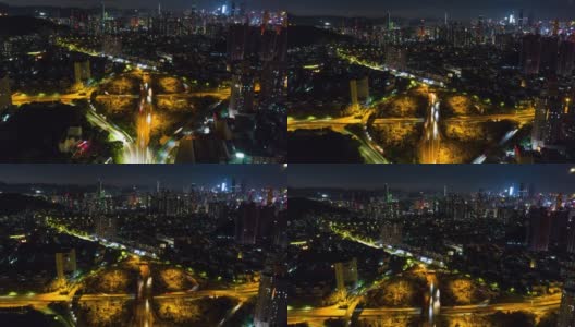 中国夜间时间深圳市交通路口航拍全景图，4k时间间隔高清在线视频素材下载
