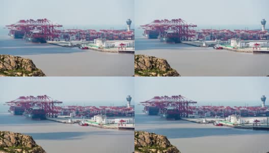 4k时间延时:集装箱船在自动化港口码头卸货。高清在线视频素材下载