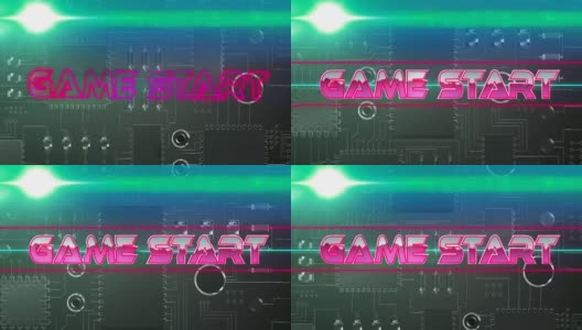 游戏开始文本霓虹灯横幅上的特写微处理器连接在蓝色背景高清在线视频素材下载