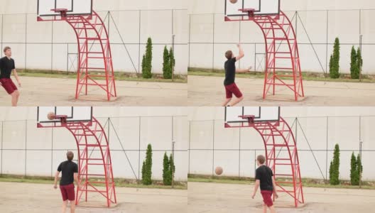 年轻人打篮球，运球，得分，丢篮，跳投，慢动作。高清在线视频素材下载