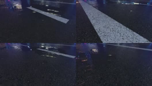 3D大雨击中道路在夜间- 4K现实雨粒子(循环)-雨天在一个彩色街道上的交通-湿的道路在夜间-低角度拍摄的雨-降雨和道路上的反射-循环移动图像-中国高清在线视频素材下载