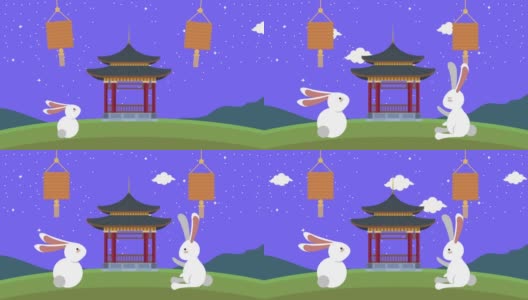 快乐的中秋节动画兔子和宝塔高清在线视频素材下载