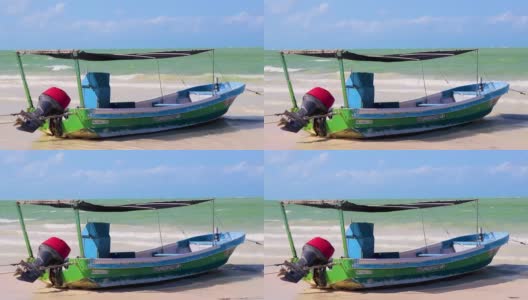 美丽的霍尔博克斯岛海滩，色彩斑斓的旧船，蓝绿色的水墨西哥。高清在线视频素材下载