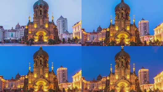 哈尔滨的索菲亚大教堂。从白天到晚上的时间间隔为4k高清在线视频素材下载