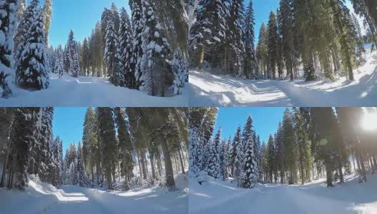 在一个阳光明媚的日子里，行驶在雪地里的单行道上高清在线视频素材下载