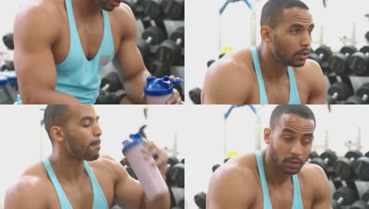 健美运动员在健身房喝蛋白质奶昔高清在线视频素材下载
