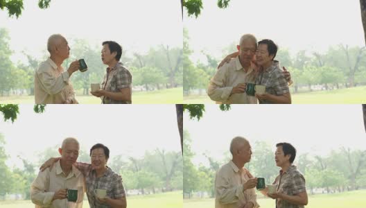 亚洲老夫妇在公园喝咖啡庆祝生活高清在线视频素材下载