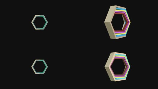 3d视频与六角形在不同的颜色，缩放和打开黑色背景。标志型抽象形状，可作为介绍、广告成分高清在线视频素材下载