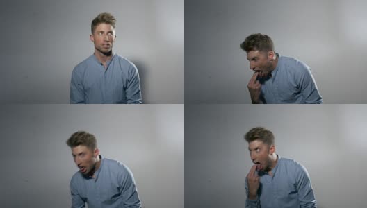 一个男性模特的肖像:呕吐的面部表情和手势高清在线视频素材下载