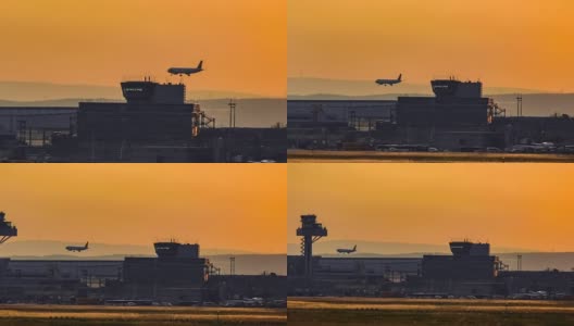 客机在日落时降落在机场高清在线视频素材下载