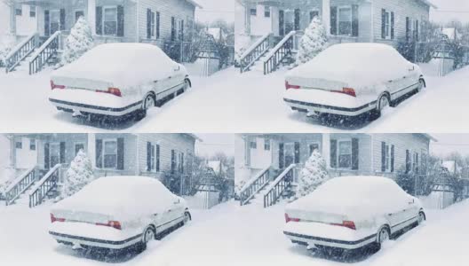 在暴风雪中汽车经过房子高清在线视频素材下载