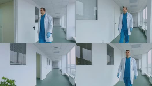 医务人员在白色走廊中行走。男医生走在医院走廊上高清在线视频素材下载