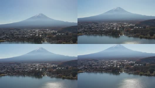 清晨鸟瞰富士山和川口湖高清在线视频素材下载