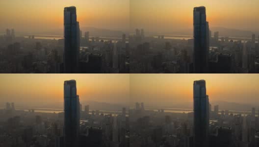 日落时间长沙市区著名的摩天大楼滨江湾航拍时光流逝全景4k中国高清在线视频素材下载