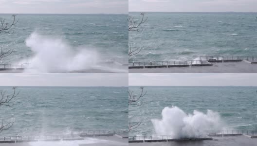 大浪在Kadikoy Moda海岸拍打的慢镜头高清在线视频素材下载