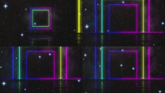 数字动画的彩色霓虹灯方块形状与闪耀的星星在黑色背景高清在线视频素材下载