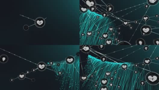 动画的网络连接与数字心脏图标在绿色的光痕迹高清在线视频素材下载