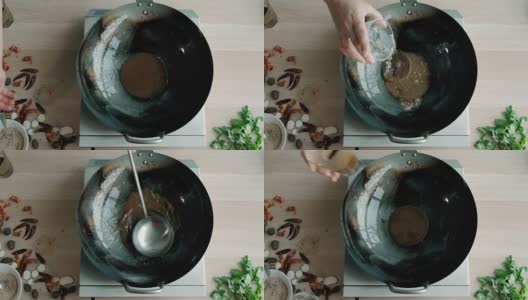 俯视图厨师的手准备酱在锅高清在线视频素材下载