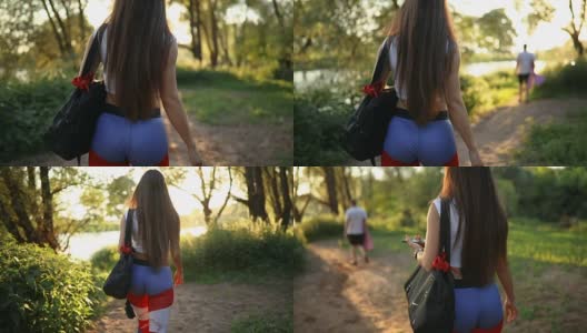 健康女孩在树林里锻炼后回家高清在线视频素材下载