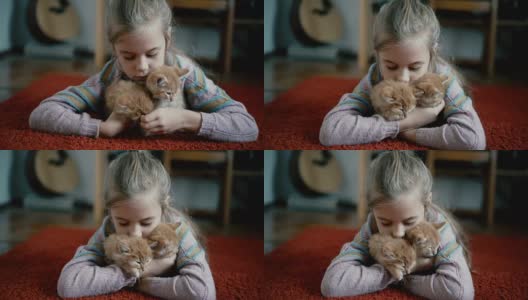 小女孩在屋里和小猫玩高清在线视频素材下载