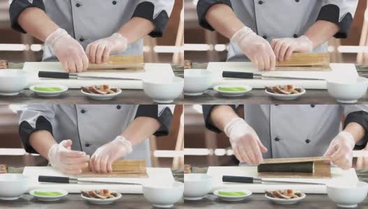 手工制作寿司，竹席。高清在线视频素材下载