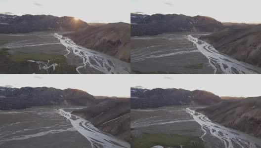 冰岛火山三角洲上空的空中日落高清在线视频素材下载