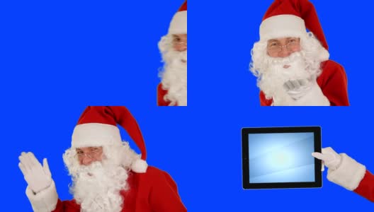 圣诞老人展示一个平板电脑，然后发送一个Kis和说再见，蓝屏Chromakey高清在线视频素材下载