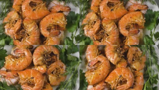 美味的红虾配莳萝和欧芹放在白色的盘子里高清在线视频素材下载
