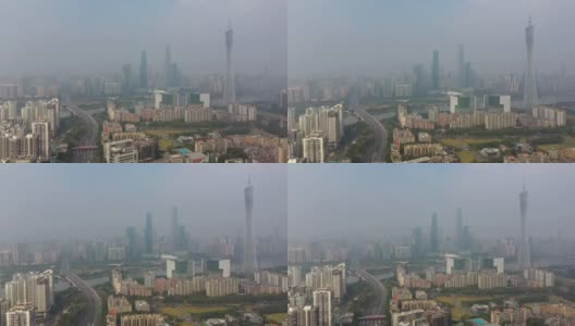 阳光明媚的一天广州市区交通大桥著名的塔，河边航拍全景4k中国高清在线视频素材下载