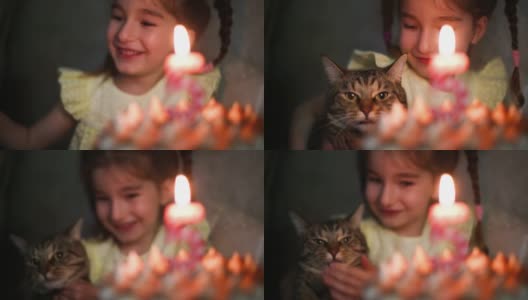 女孩看着蛋糕上写着数字5的蜡烛，许了个愿，还滑稽地抱着一只猫。生日，五周年，五年，烛火，橙火。孩子们的节日。特写镜头高清在线视频素材下载
