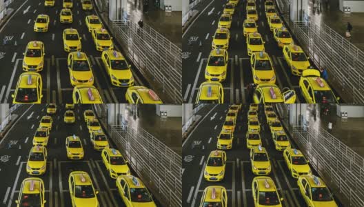 T/L机场出口黄色出租车排长队高清在线视频素材下载