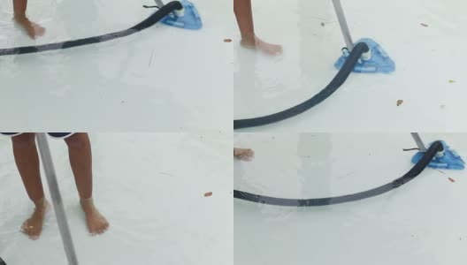 女工用真空蓝管吸尘器清洁私人游泳池高清在线视频素材下载