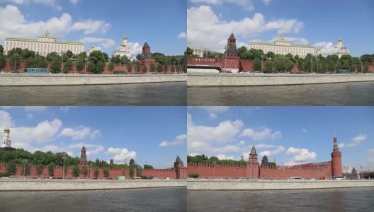 莫斯科河和克里姆林宫(日)，莫斯科，俄罗斯——莫斯科最受欢迎的观点。从旅游游船上拍摄高清在线视频素材下载