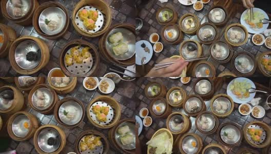 吃蒸点心，俯视各种中国传统美食高清在线视频素材下载