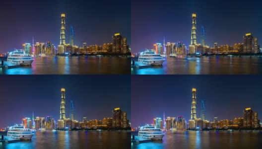 时间流逝的上海市区与黄浦江，中国。亚洲智慧城市的金融区和商业中心。晚上有摩天大楼和高层建筑。高清在线视频素材下载