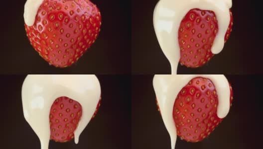 将白巧克力酱倒在新鲜的草莓上高清在线视频素材下载