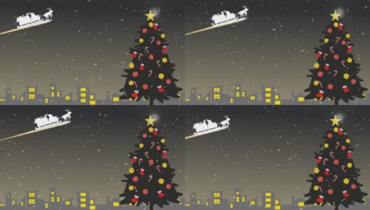 圣诞老人绿冷杉树雪夜高清在线视频素材下载