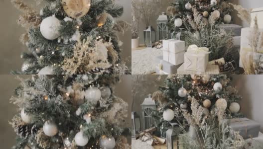 特写的圣诞树装饰球，松果，花环和绒球高清在线视频素材下载