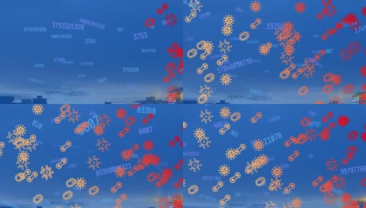 数字在covid19图标和蓝色背景上浮动的单元格上变化的动画高清在线视频素材下载