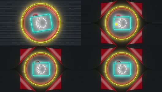 动画闪烁的霓虹灯摄像机图标在红色和黄色的环上的黑色背景高清在线视频素材下载