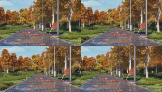 秋季景观与空板凳在城市公园3D全景高清在线视频素材下载