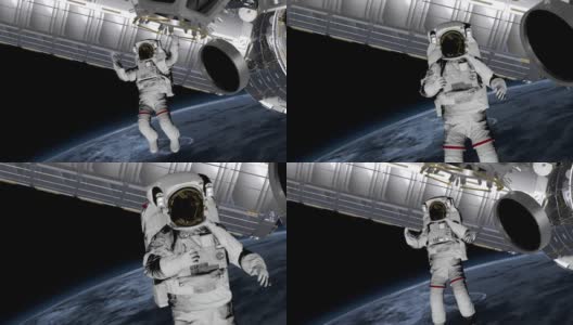 宇航员太空行走，在空地上挥手。国际空间站围绕地球大气层旋转。这段视频由美国宇航局提供。高清在线视频素材下载