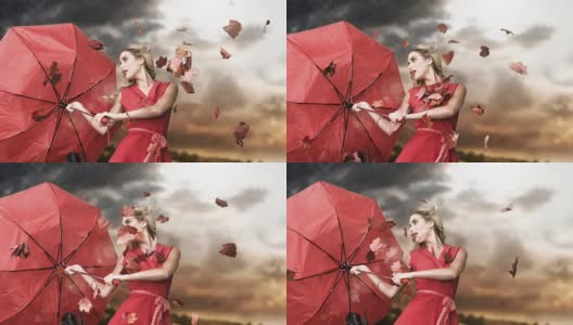魅力女人拿着一把破伞在电影剪辑高清在线视频素材下载