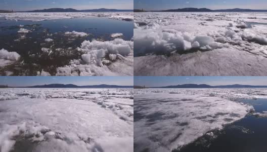 空中俯瞰结冰的河流表面模式。伏尔加河的冬季高清在线视频素材下载