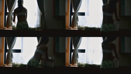 女孩剪影在白天把花放进花瓶里高清在线视频素材下载