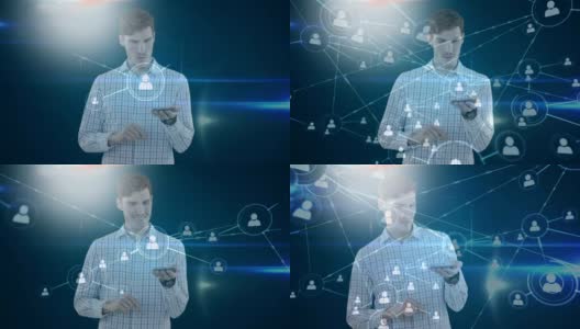 一个白人男子使用3D互动平板电脑的动画与社会图标的网络连接高清在线视频素材下载